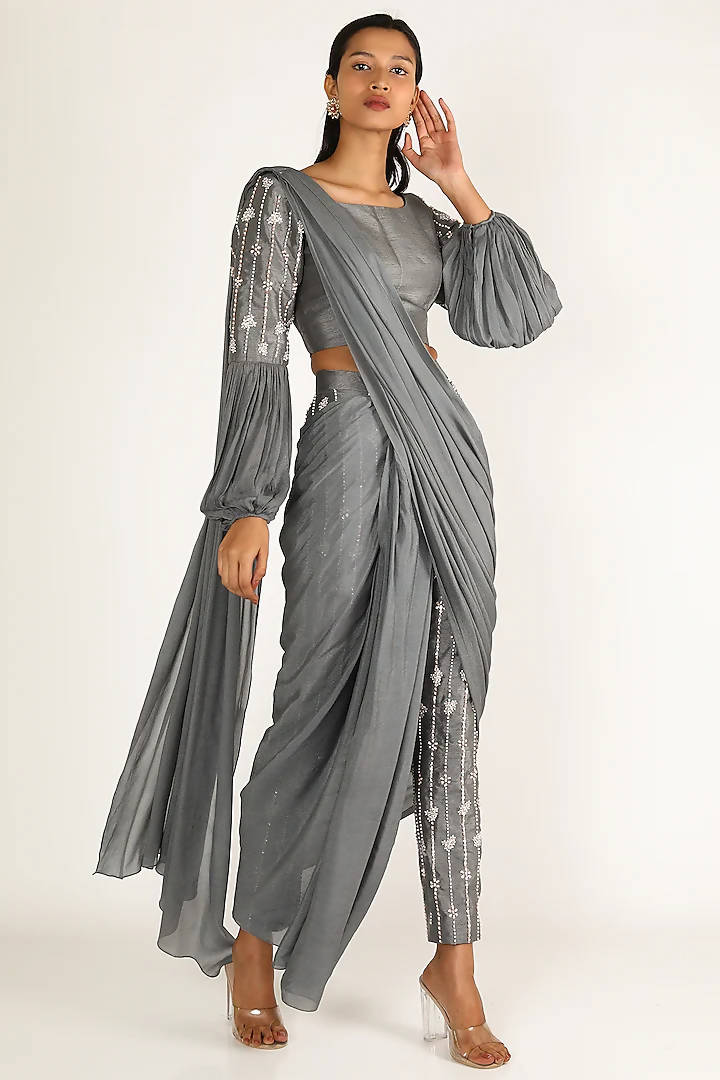 PINK PEACOCK COUTURE Grey Embroidered Pant Saree Set FOR SALE