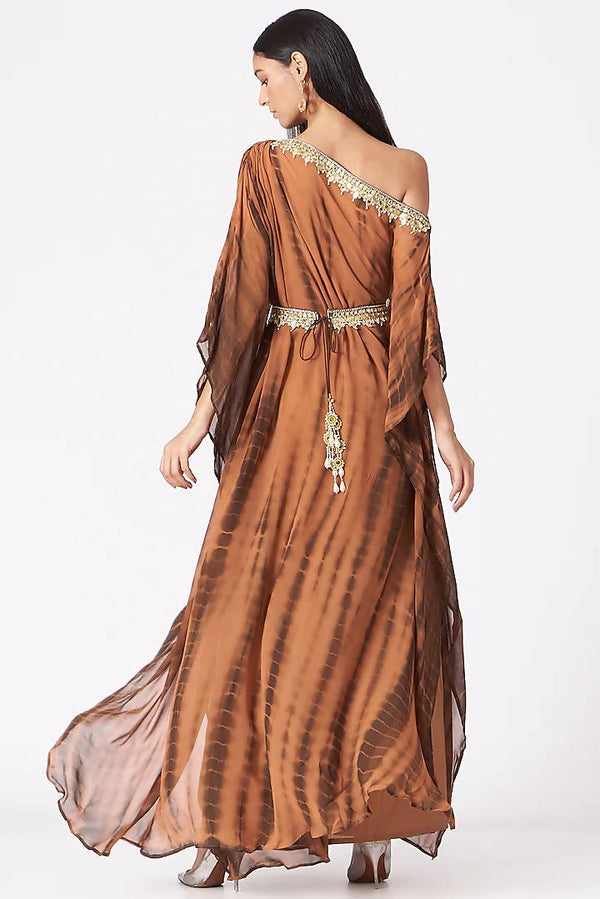 ELENA SINGH Light Brown Tie-Dye Off Shoulder Draped Dress FOR SALE