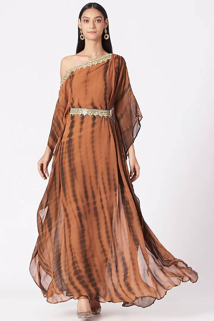 ELENA SINGH Light Brown Tie-Dye Off Shoulder Draped Dress FOR SALE